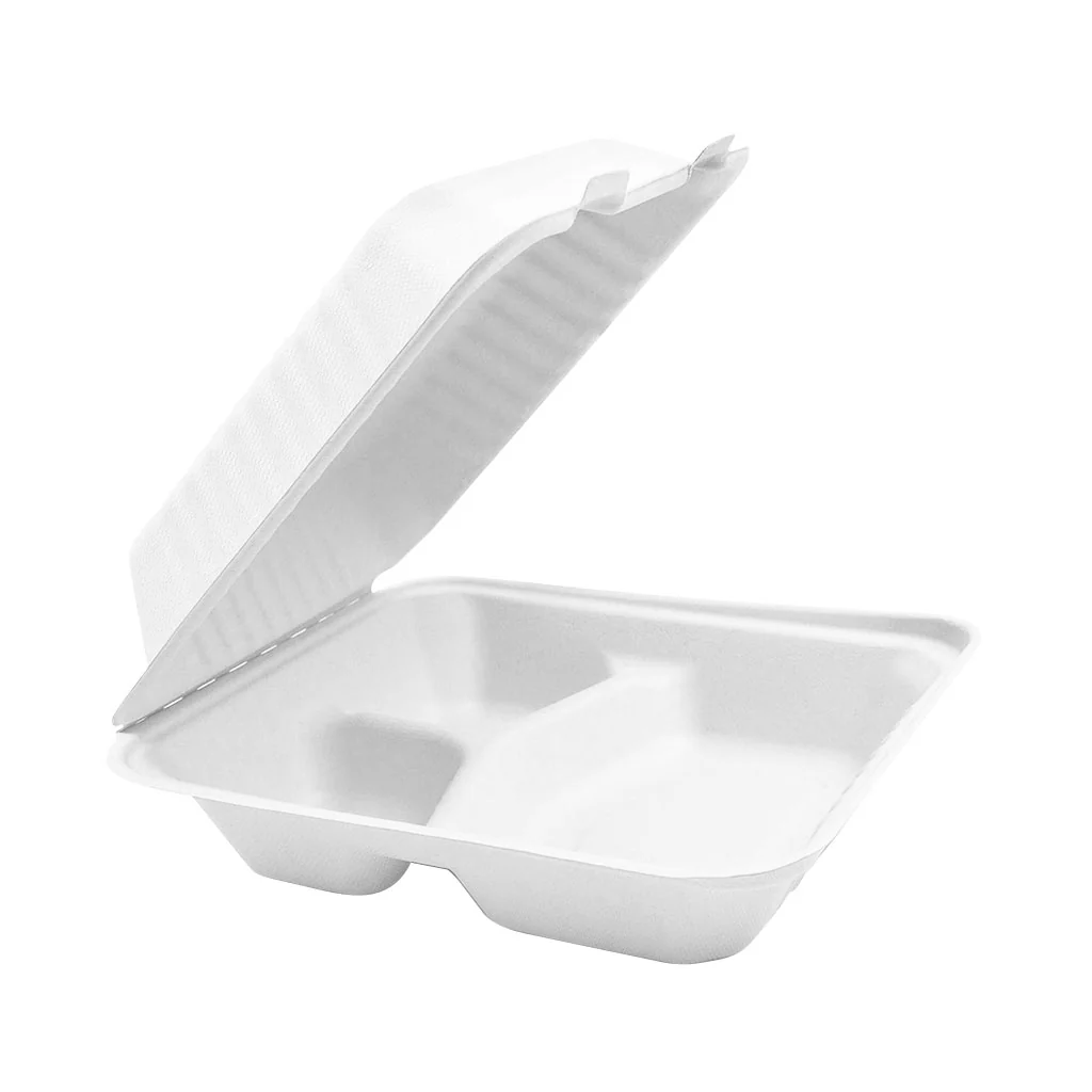 Compostable Hinged Containers with Compartments - 6" X 6" X 3" / White / 3 Compartments